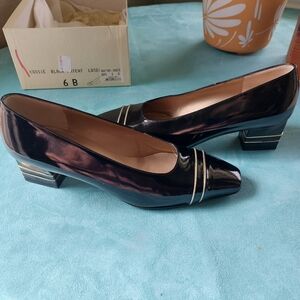 St. John Black Patent Block Heel Pumps with Gold Trim